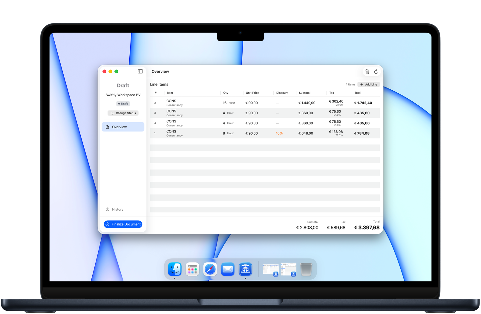 Swiftly finance overview with cash flow chart